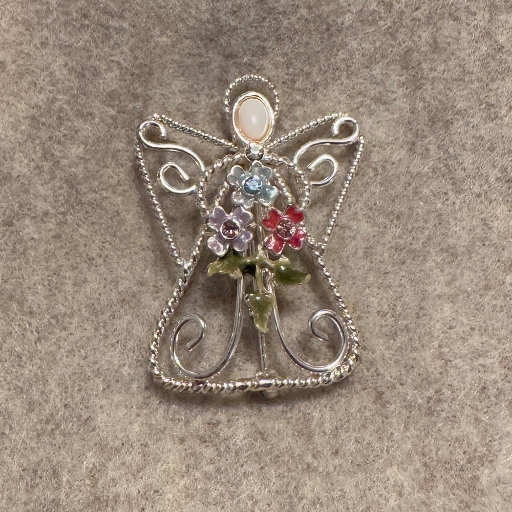 Vintage Silver-Tone Angel with Multicolor Floral Accents Cottagecore Brooch